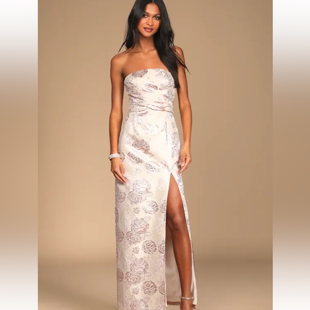 Lulu’s Redefine Regal Pale Pink Jacquard Strapless Maxi Dress